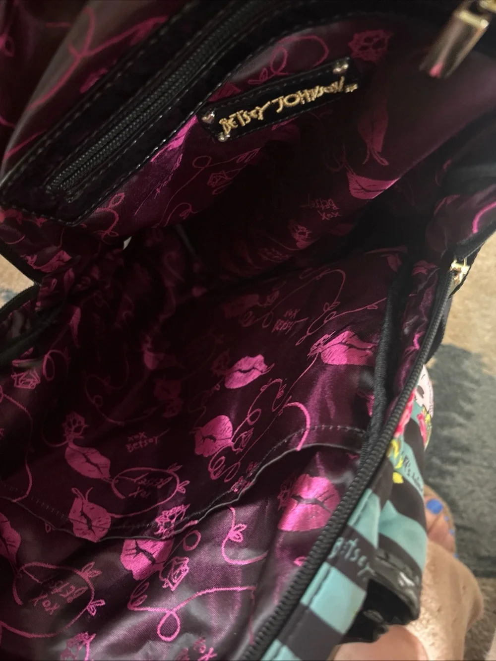 Betsey Johnson Teal & Black Striped Floral Skull Backpack PERFECT